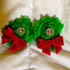Green hair clips with red mini sequin bows
